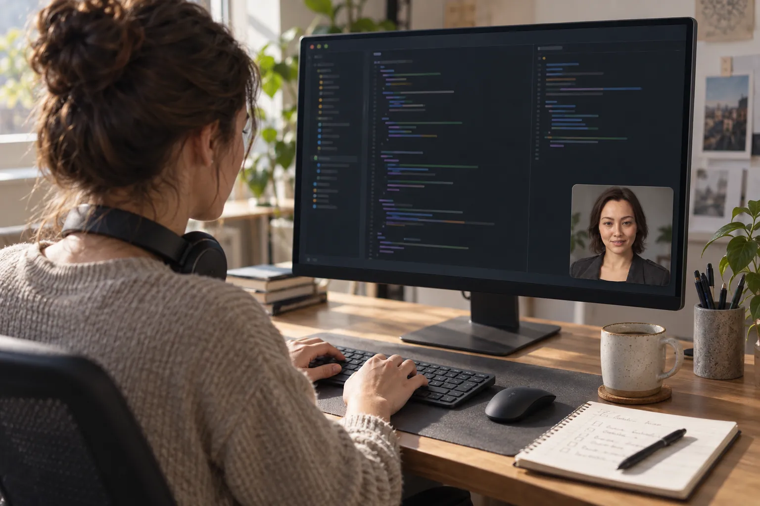 A developer types at her desk while Mira, a Facelet character, sits in a small floating tile in the corner of her monitor.