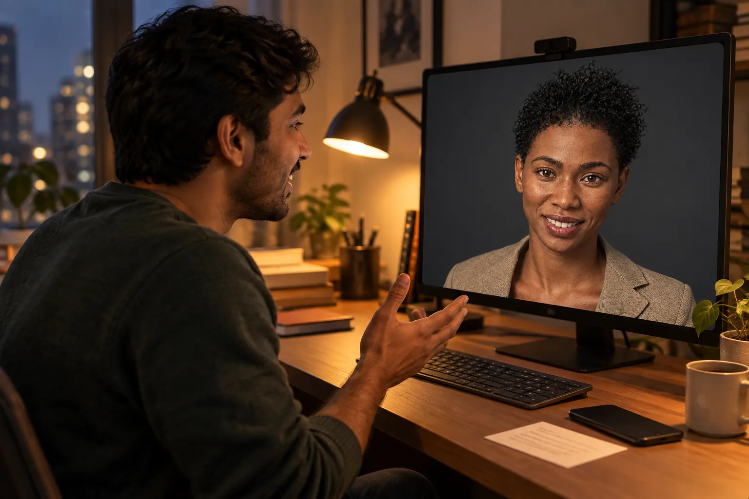 A man at a desk in the evening practices speaking English with Imani, a Facelet character, on an external display.