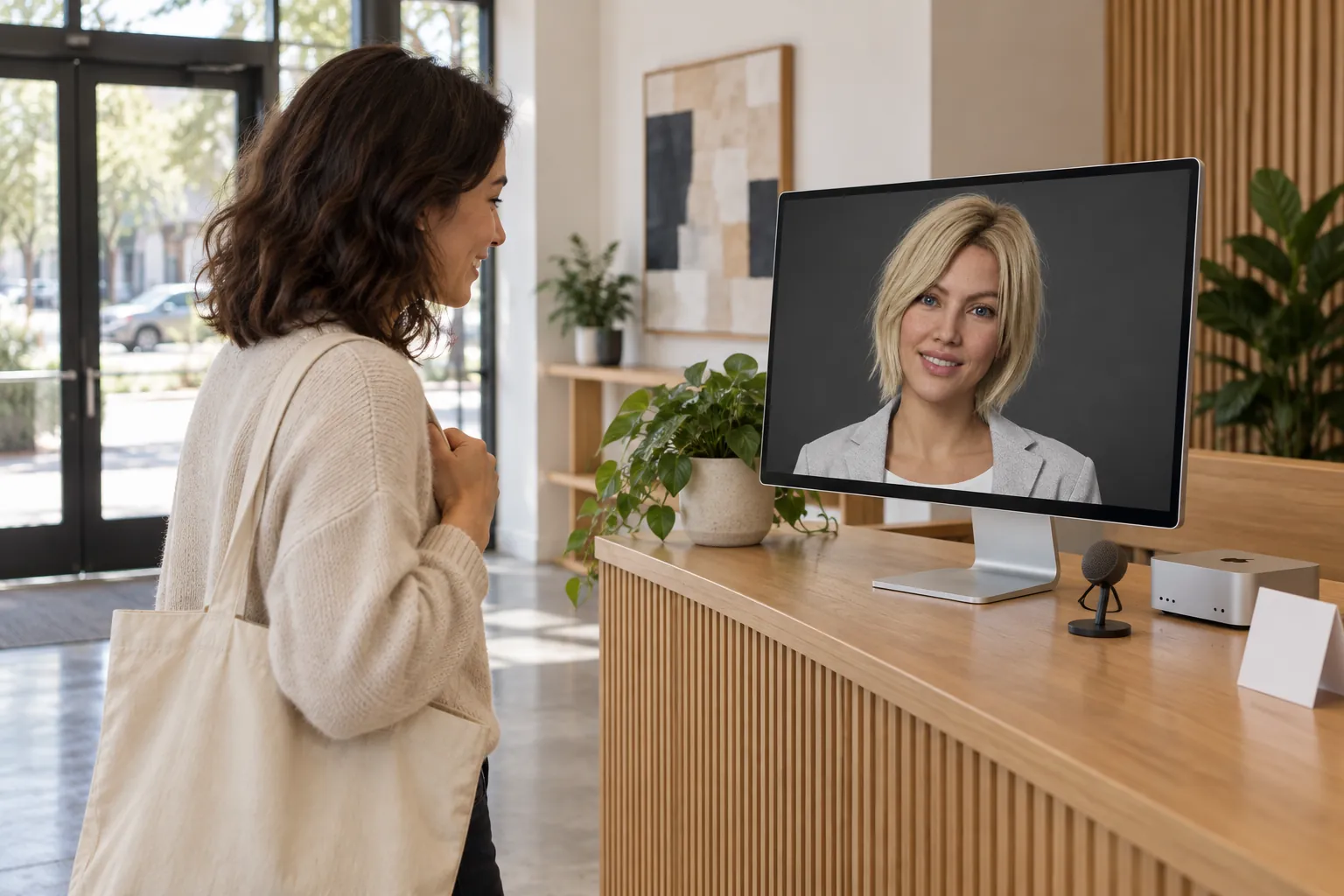 A visitor walks into a small studio’s reception and smiles at Emma, a Facelet character, greeting them from a display on the front desk.