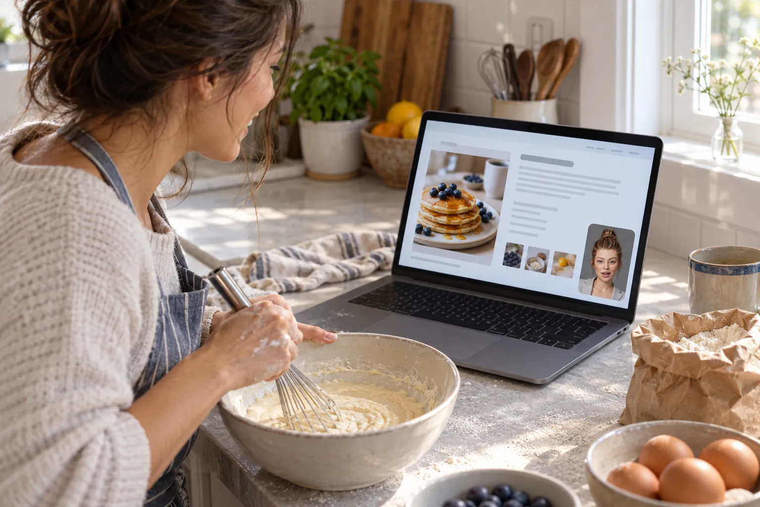 A person whisks batter at a kitchen counter while Sienna, a Facelet character, answers from a floating tile over a recipe on a laptop.