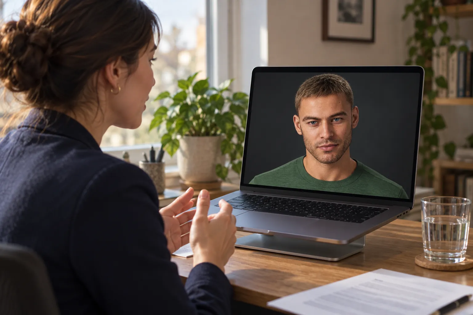 A young woman in a blazer answers interview questions from Ronan, a Facelet character, on a laptop at her desk.