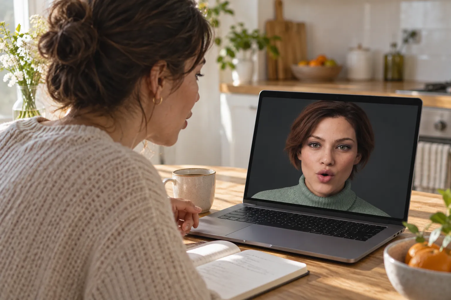 A woman at a kitchen table repeats a Spanish phrase to a laptop, where Ari, a Facelet character, is mid-word.