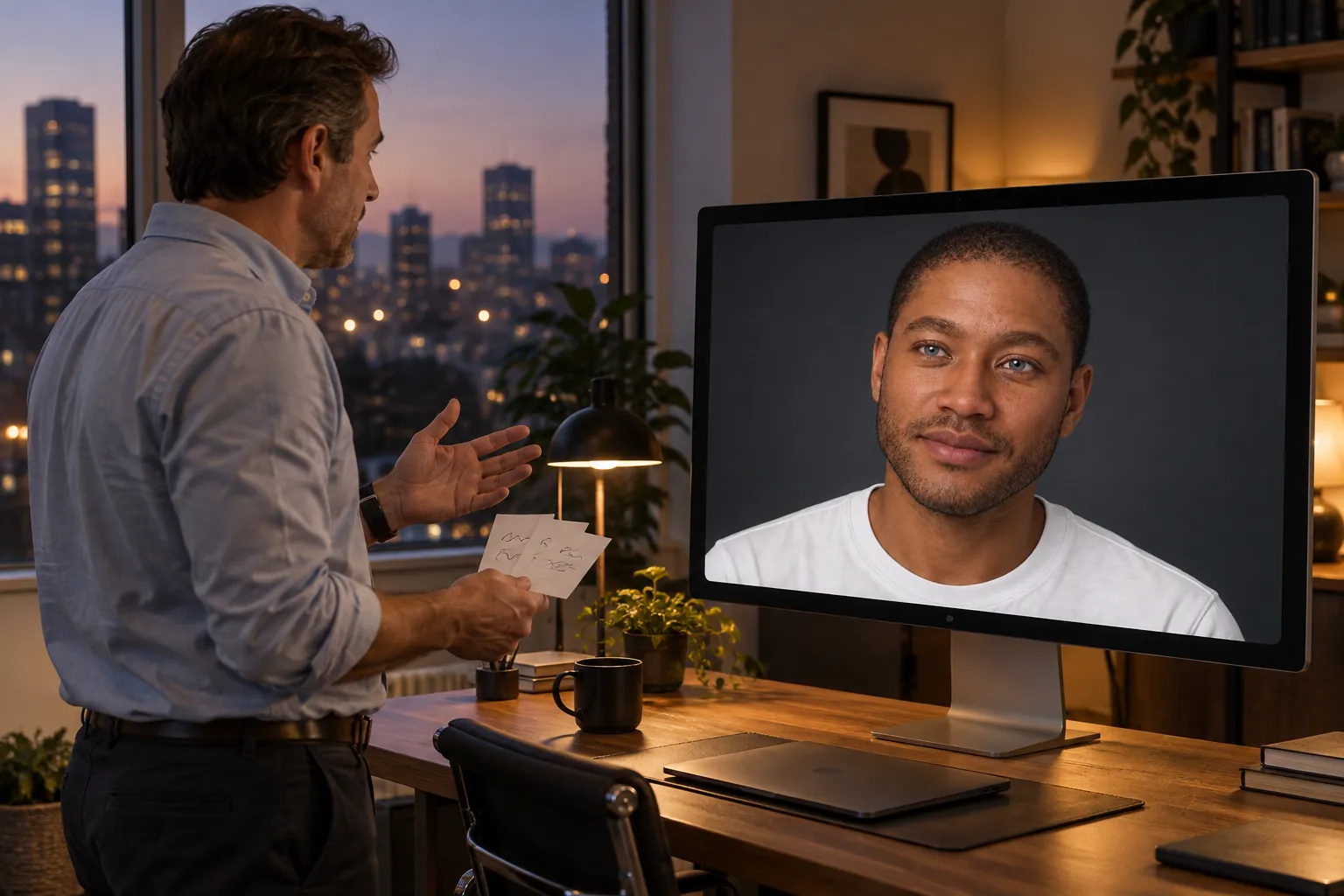 A man stands in an office rehearsing a pitch with index cards while Dorian, a Facelet character, listens on a large display.