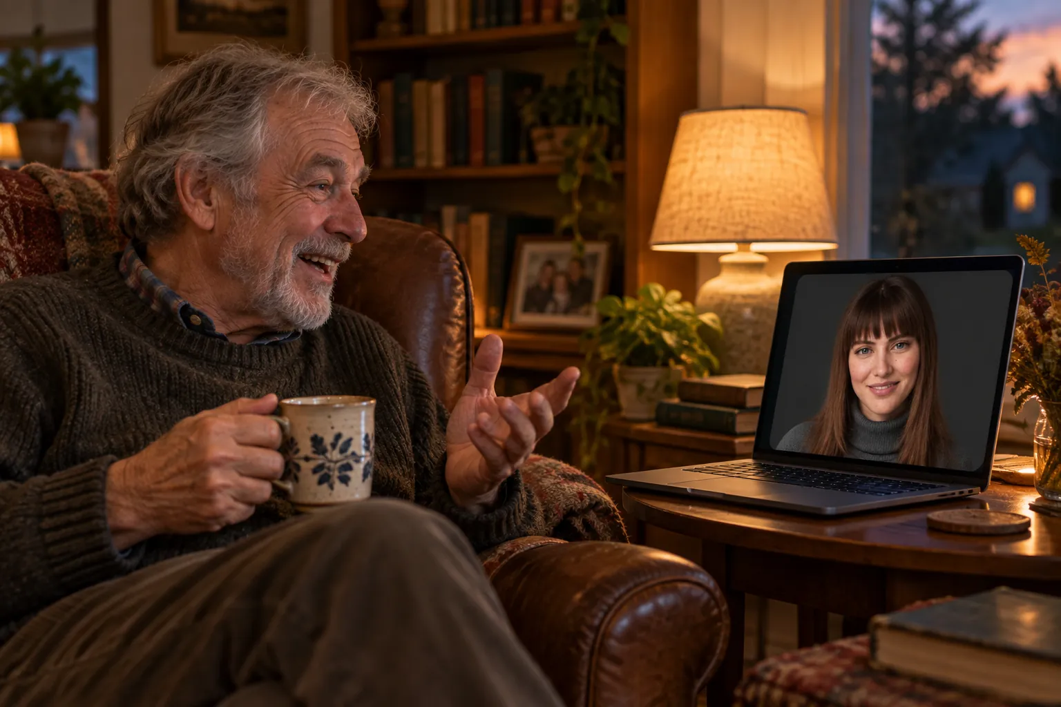 An older man in an armchair laughs mid-story while Nora, a Facelet character, smiles back from a laptop beside him.